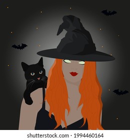 Halloween Witch girl with black cat. Scary young woman in witches hat conjuring on the dark background. Halloween party art design.