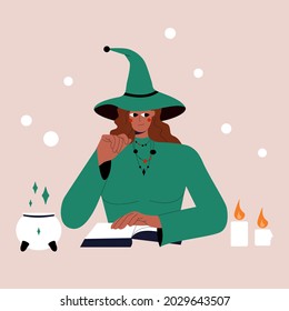 Halloween witch girl with black skin color with a magic spell book. Portrait of beautiful young woman in witches hat conjuring, making witchcraft with a candles around her. Halloween illustration.