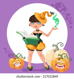 Halloween Witch Girl Book Pumpkins Stock Vector (Royalty Free ...