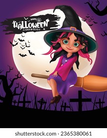 Halloween witch girl character vector design. Happy halloween greeting card with lovely beautiful young witch girl flying in night full moon background. Vector illustration trick or treat invitation 