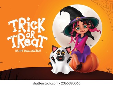 Halloween witch girl character vector design. Happy halloween trick or treat greeting with cute woman witch costume for kids costume party celebration. Vector illustration party invitation card 