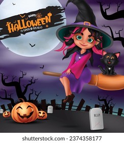 Halloween witch girl character vector design. Trick or treat greeting card with cute and pretty witch flying in grave yard night background. Vector illustration Happy halloween invitation greeting 