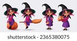 Halloween witch girl characters vector set design. Halloween character of young, beautiful, lovely and cute witch girl in standing, seating and flying pose. Vector illustration witch girl collection.