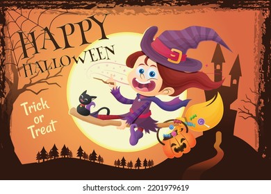 Halloween witch girl cute cartoon hand drawn background illustration