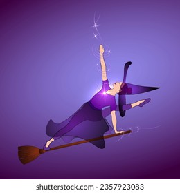 Halloween witch girl doing stretching yoga posture. Slim young witch woman in hatha yoga stretching pose on broom. Yogi hag in well balanced posture practicing witchcraft, making starlight magic