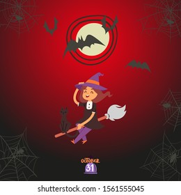 Halloween witch girl flying on a broomstick vector illustration. Cartoon funny witch with black cat, bats and spider web at halloween 31 of october night background.