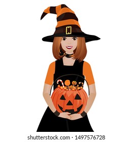 Halloween Witch girl portrait. Young woman in witches hat. Vector illustration.