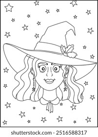 Halloween witch girl twitch scarecrow hand drawn cartoon coloring page for kids