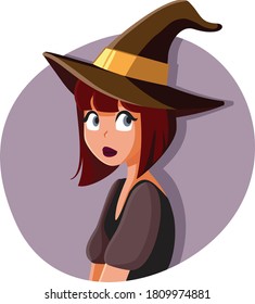 Niña bruja de Halloween con sombrero y vestuario. Ilustración de una mujer vestida con ropa malvada de hechicería

