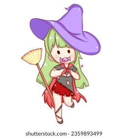 Halloween Witch Green Hair Girl Chibi Style Character