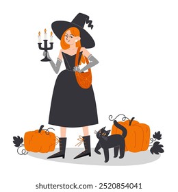 Halloween Witch Guiding Her Black Cat with Pumpkin