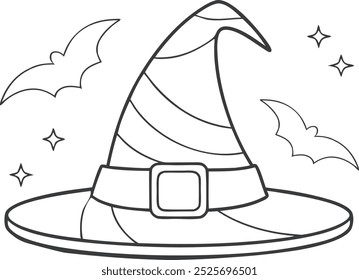 Halloween witch hat with bats coloring page for children