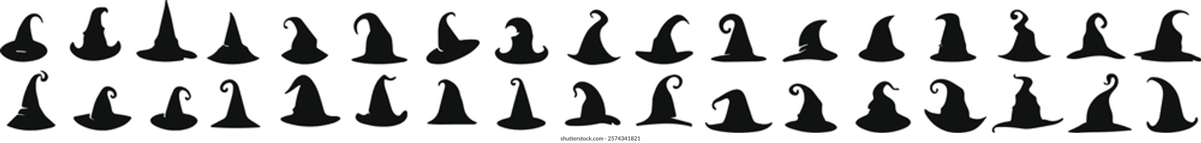 Halloween witch hat black silhouette set. magic hats, wizard cap, Vector illustration