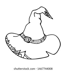 Halloween Witch Hat. Black and white doodle linear sketch. Vector illustration. Hand drawing cartoon illustration on white background