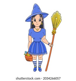 Halloween witch in hat with broom. Cartoon character. Colorful vector illustration. Isolated on white background. Design element. Template for your design, books, stickers, cards.