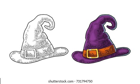 Halloween witch hat with buckle. Vector black vintage engraving illustration. Isolated on white background