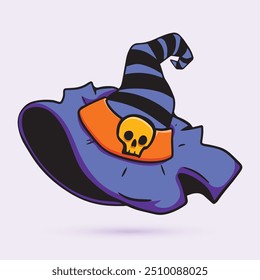 Halloween witch hat. Cartoon wizard spooky decorated hat, Halloween party costume element flat vector illustration. Hand drawn outline witchcraft hat. Spooky halloween hat with angry expression.