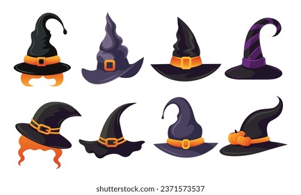 Halloween witch hat collection. Vector illustration.