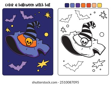 Página de coloração de chapéu de bruxa de Halloween para crianças. Ilustração de outono desenhada à mão com um chapéu engraçado. Ilustração de rabiscar. Truque ou deleite. Cara bonitinho assustador. Página de coloração vetorial em estilo de desenho animado.