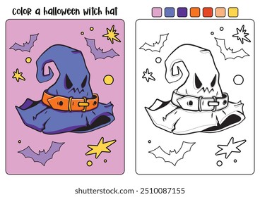 Página de coloração de chapéu de bruxa de Halloween para crianças. Ilustração de outono desenhada à mão com um chapéu engraçado. Ilustração de rabiscar. Truque ou deleite. Cara bonitinho assustador. Página de coloração vetorial em estilo de desenho animado.