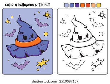 Página de coloração de chapéu de bruxa de Halloween para crianças. Ilustração de outono desenhada à mão com um chapéu engraçado. Ilustração de rabiscar. Truque ou deleite. Cara bonitinho assustador. Página de coloração vetorial em estilo de desenho animado.