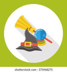 halloween witch hat, crystal ball and broom flat icon