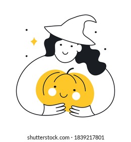 Halloween witch in a hat and an evil pumpkin in hands. Halloween magic and celebration. Flat thin line isolated vector illustration on white