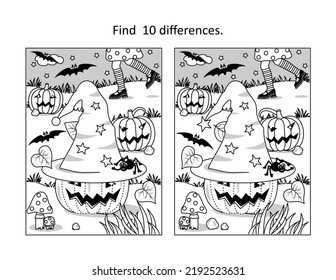 Halloween witch hat find the differences picture puzzle and coloring page
