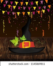 Halloween. Witch hat and garland of flags and confetti. Vector on wooden background. Greeting card or invitation for a party and a party.