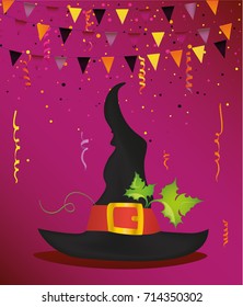 Halloween. Witch hat and garland of flags and confetti. Vector. Greeting card or invitation for a party and a party.