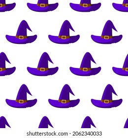 Halloween witch hat with a gold buckle, purple. Seamless pattern. Vector illustration in cartoon style. Halloween costume. Costume party in late October.