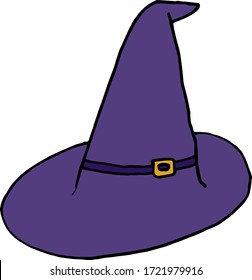 Halloween witch hat. Headdress of the sorceress. for magic, occultism, astrology, alchemy, magic, witchcraft. Color flat vector illustration. Cartoon isolated on a white background.