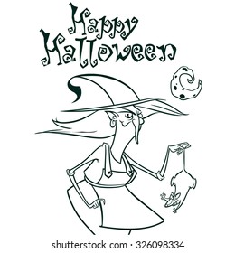 Halloween witch in hat holding a rat in her hand outlines. Vector illustration of witch silhouette. Coloring book