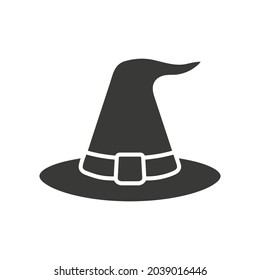 Halloween witch hat icon. Black wizard hat silhouette. Magic cloth element. Vector isolated on white