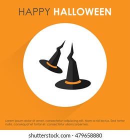 Halloween Witch Hat icon. Orange shadow background with typography. Halloween Greeting card vector background. Party background template. Vector illustration