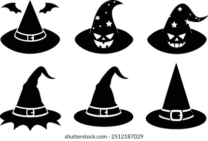Halloween Witch Hat Icons - Vector, Linocut, Kawaii, Dibujos animados, Clipart, Line Art Diseños