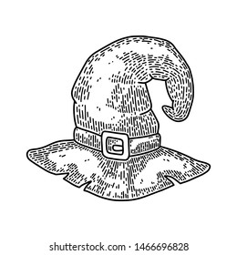 Halloween witch hat isolated on white background. Old vintage style hand drawing engraved. Design element for banner, menu, poster, web. 