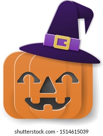  A Halloween witch hat jack o lantern carved pumpkin kids cartoon in a paper craft style