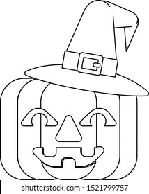  A Halloween witch hat jack o lantern carved pumpkin kids cartoon in outline