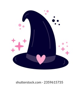 Halloween Witch hat with pink heart vector flat illustration