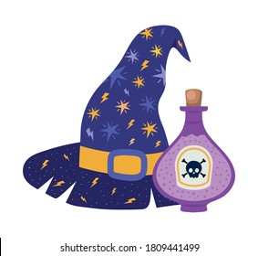 Halloween con sombrero de bruja y diseño de veneno, tema de vacaciones y miedo Ilustración vectorial