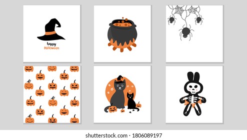 Halloween with witch hat , witch potion , spider , pumpkin, witch cat and bunny skeleton illustration greeting card collection set 