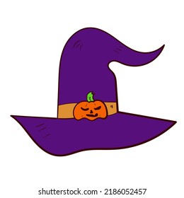 Halloween witch hat with pumpkin . Vector spooky icon. Colourful illustration on white background.