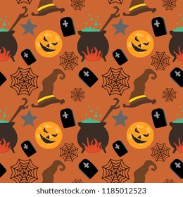 Halloween witch hat pumpkin and web cute seamless pattern. vector illustration for fashion textile print and wrapping with festive design.