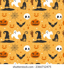 Halloween witch hat and pumpkins pattern background