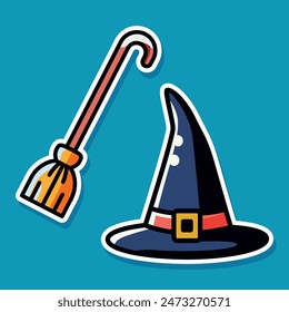 Halloween witch hat and rub flat design illustration