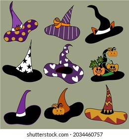 halloween witch hat set in nine different designs Witch hats with straps, heart, cat ears, pumpkin garden, Mexico pattern, stars, polka dot pattern all isolated on grey background hand drawn cartoon 
