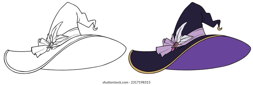 Halloween witch hat set, vector hand drawn illustration for coloring book