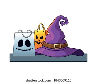 halloween witch hat with shopping bags vector illustration design