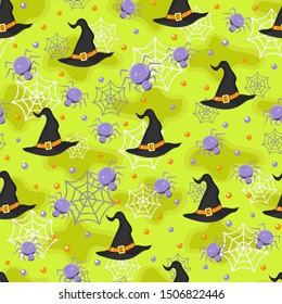 Halloween witch hat and spider seamless pattern on green background. halloween pattern background. vector illustration